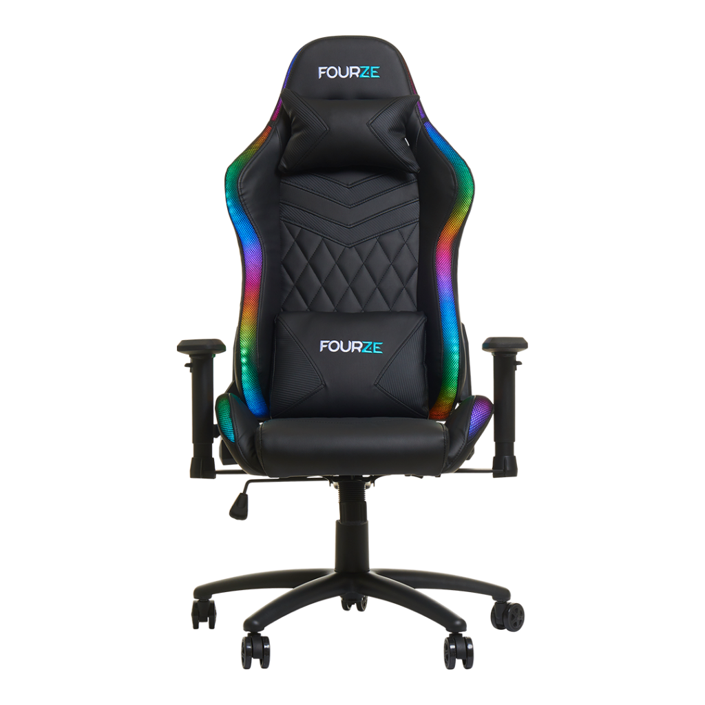 FOURZE Lightning RGB Gaming Chair product image seen from the front w neck and lumbar pilow.
