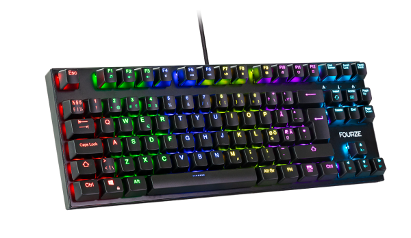FOURZE GK110 Blue Switch Mechanical Gaming Keyboard product Image, seen from the left with RGB